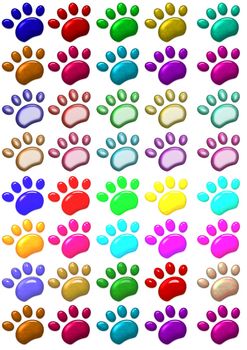 Illustration of lots of colourful paw prints