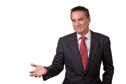 Attractive Smiling Middle Age Business Man Gesturing Welcome or to Copy Space with Open Hand Isolated