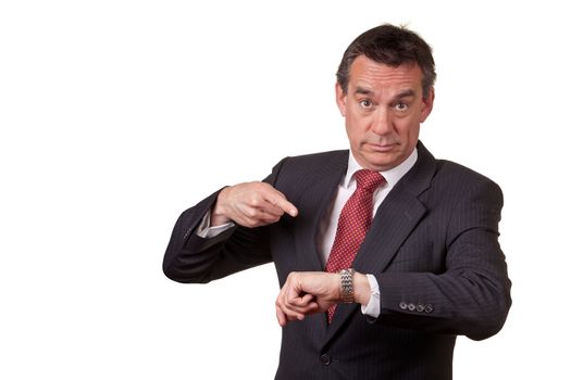 Annoyed Angry Middle Age Business Man Pointing at Time on Watch Isolated