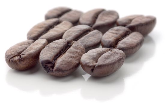 Close-up view on set of coffee beans arranged in 3 rows and formed a square shape on white, shining background. Soft focus.
