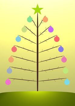Illustration of a christmas tree with colored baubles