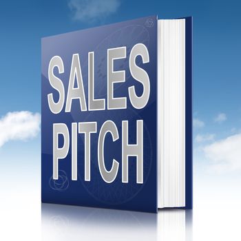 Illustration depicting a book with a sales pitch concept title. Sky background.