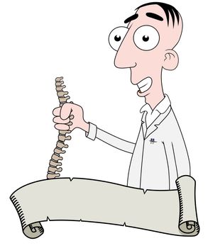 Illustrated Chiropractor behind a scroll