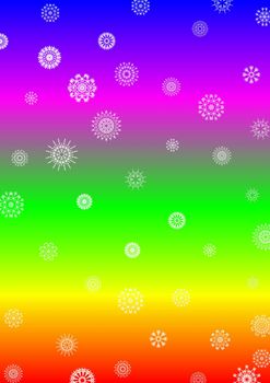Illustration of snowflakes over a multi colored background