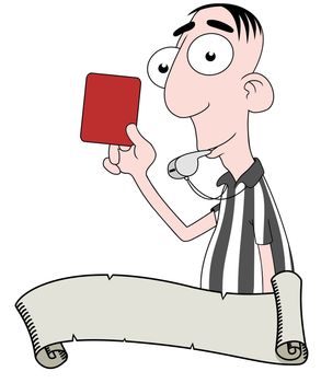 Illustrated cartoon of a referee behind a scroll