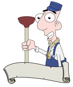 Isolated illustration of a plumber behind a scroll