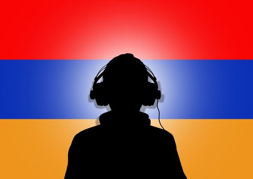 Illustration of a person wearing headphones in-front of the flag of Armenia
