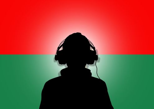 Illustration of a person wearing headphones in-front of the flag of Burkina Faso