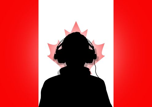 Illustration of a person wearing headphones in-front of the flag of Canada