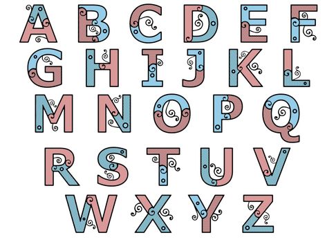 Illustration of pink and blue alphabet letters