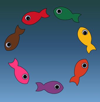 Illustration of 7 colored fish over a blue gradient background