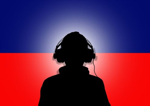 Illustration of a person wearing headphones in-front of the flag of Haiti