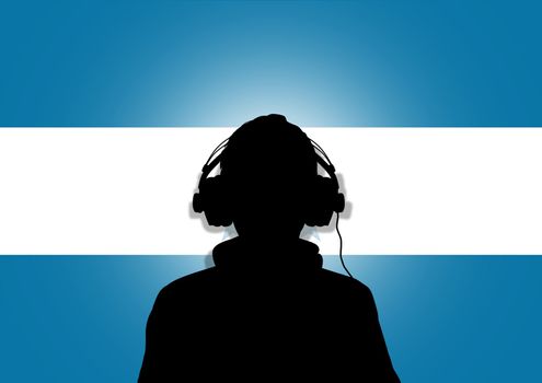 Illustration of a person wearing headphones in-front of the flag of Honduras.