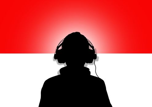 Illustration of a person wearing headphones in-front of the flag of Indonesia or Monaco