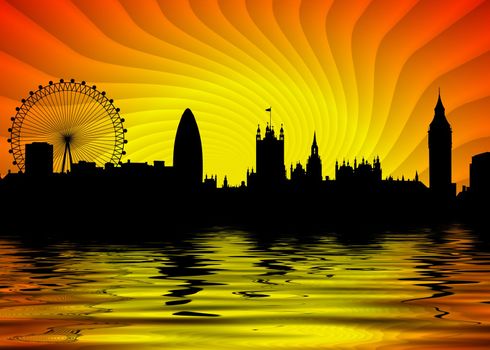 Illustration of London skyline with water in the foreground