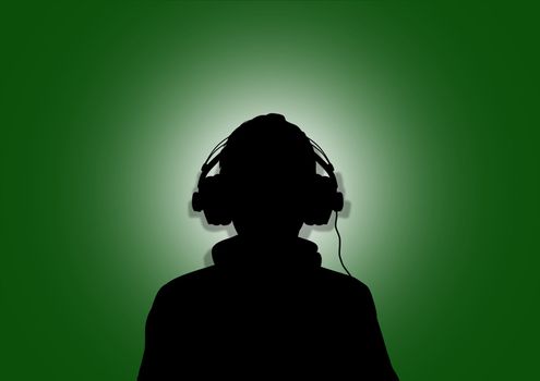 Illustration of a person wearing headphones in-front of the flag of Libya