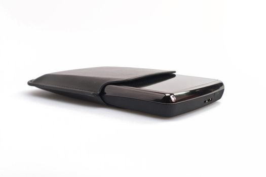 Black portable harddisk with soft leather case on white background