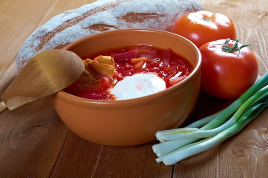 ukrainian and russian red-beet soup (borscht) with garlic and sour cream