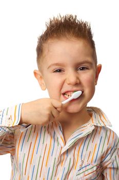 Little child with dental toothbrush brushing teeth.isolated on a white background.