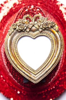 Heart Picture Frame on red background, gold, shining