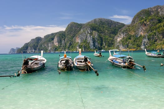 Long tailed boats at Phi Phi island in Thailand