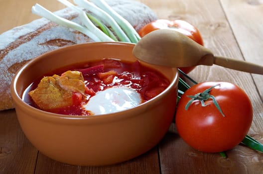ukrainian and russian red-beet soup (borscht) with garlic and sour cream