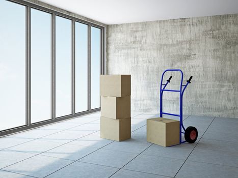 Empty room with boxes and pushcart near the window