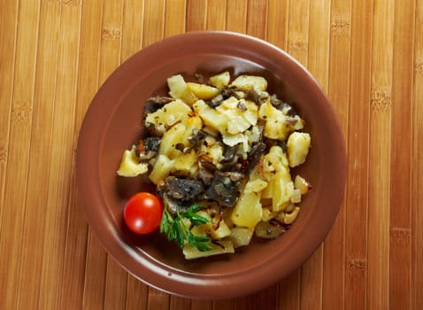 mushrooms with roasted potato closeup
