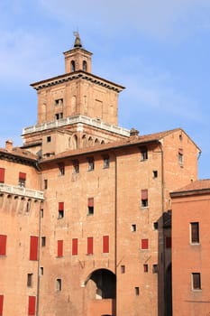 Medieval castle in Ferrara, Italy. Castello Estense. Brick architecture.