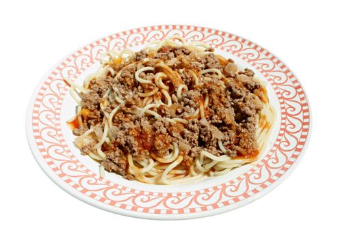 Spaghetti with forcemeat on a plate.