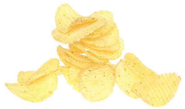 Potato chips on a white background.