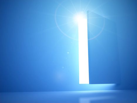 3d illustration of an open door with blue light