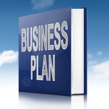 Illustration depicting a text book with a Business Plan concept title. Sky background.
