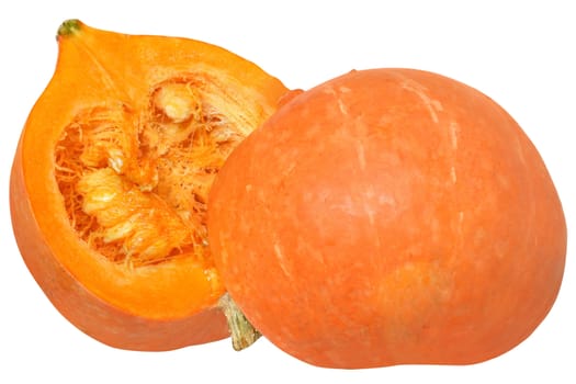 Cut the pumpkin in half isolated on white background.