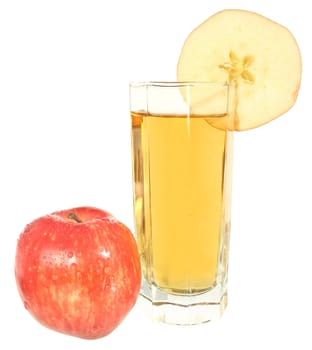 Glass with juice and apples on a white background.