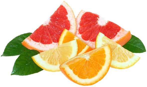 Fresh orange, lemon and grapefruit on a white background.