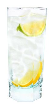 Cocktail with ice cubes on white background.