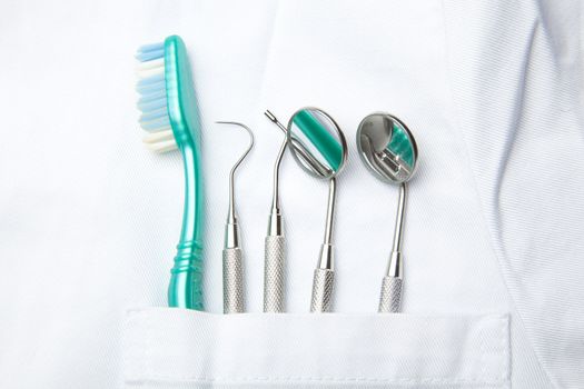 White Dentist Pocket With Toothbrush And Angled Mirror