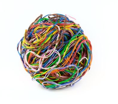 Ball of colored wire isolated on white background
