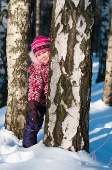 Baby stands behind a tree in wood, hiding