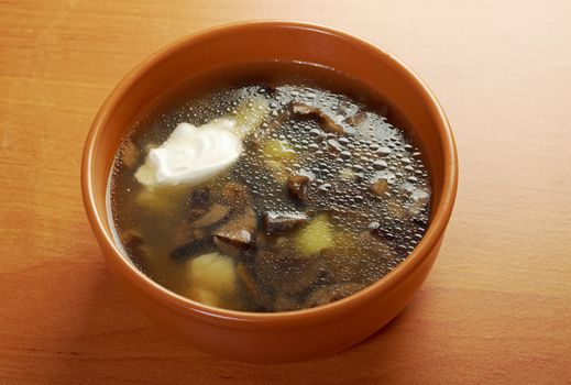 Russian sauerkraut soup with mushrooms and pearl barley.home made mushroom soup