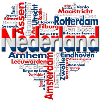 Written Nederland and Dutch cities with heart-shaped, Dutch flag colors