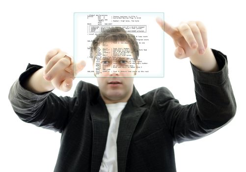 Programmer working with a touch screen interface. Isolated on white.