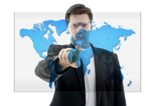 Business man pushing on a touch screen interface with World Map. Isolated on white.