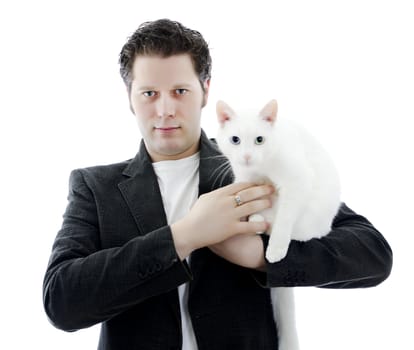 Man with white cat. Isolated on white.