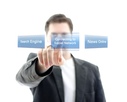 Business man pushing button Social Network on a touch screen interface. Isolated on white.