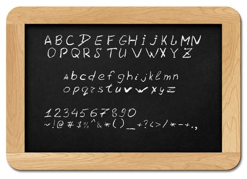 Chalkboard with alphabet letters, numbers and symbols for your own text. Isolated on white.