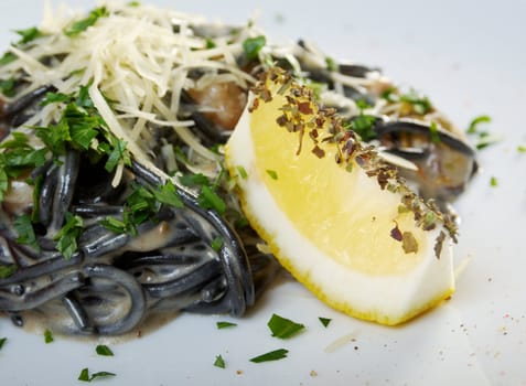 Spaghetti al Nero di Seppia.pasta nera algaes, seafoods,