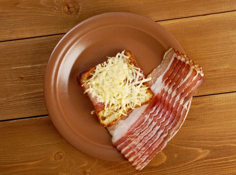 Cheese toast with piece  bacon.Close up of toasted white bread in slices