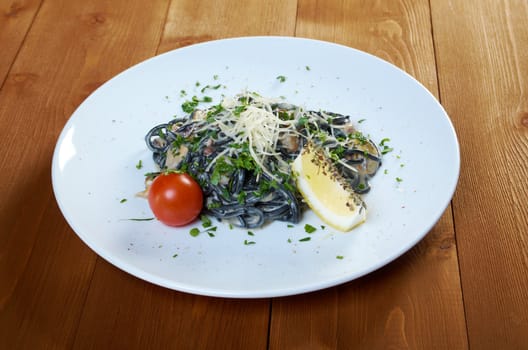 Spaghetti al Nero di Seppia.pasta nera algaes, seafoods,